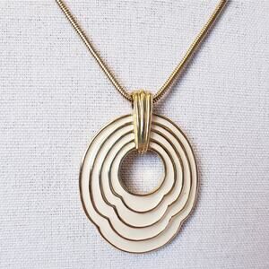 Vintage Trifari Gold Tone Swirl Pendant Necklace Cream Enamel Concentric Circles